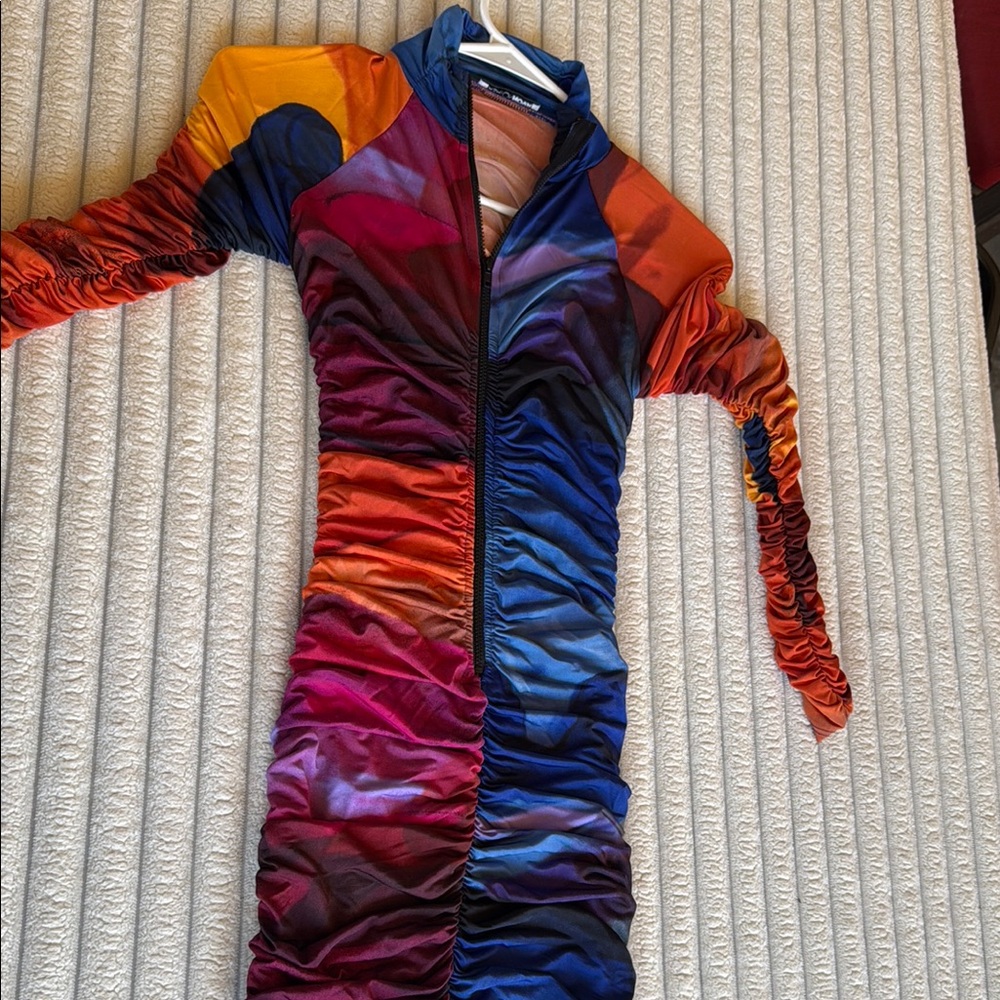 Multicolor Ruched Long Sleeve Dress